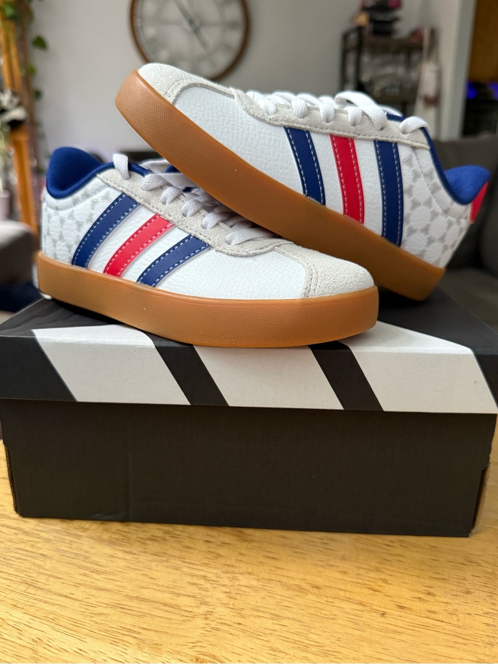 adidas Kids VL Court 3.0 White Sneakers with Blue & Red Stripes and Gum Sole